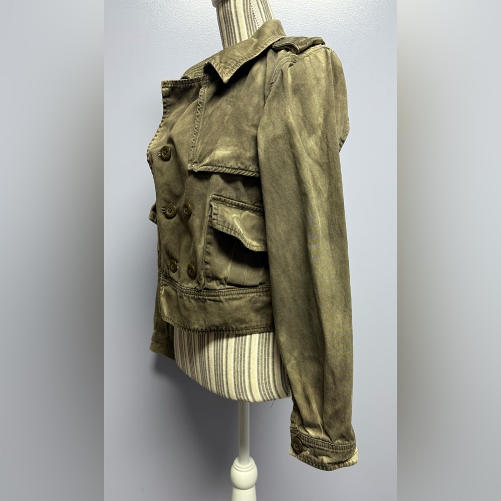 LONDON Jean Olive dyed distressed cropped double breasted utility Jacket size L - Picture 3 of 15